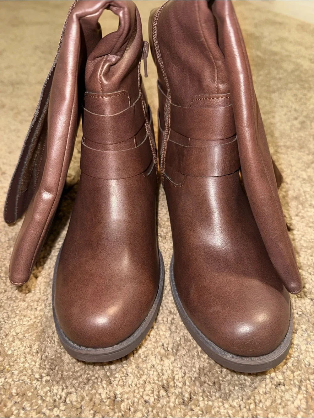 Women's Brown Leather Ankle Booties - Fold-Over Comfort